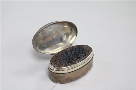 A George III silver oval nutmeg grater by Thomas Wilmore, Birmingham, 1797, 46mm.